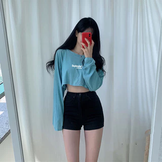 ☀️KSA☀️ เสื้อครอปแขนยาวคอกลมสไตล์เกาหลี เสื้อผ้ามินิมอลวัยรุ่น เสื้อยืดเอวลอยแฟชั่นผู้หญิงน่ารัก สกรีนลายตัวหนังสือ