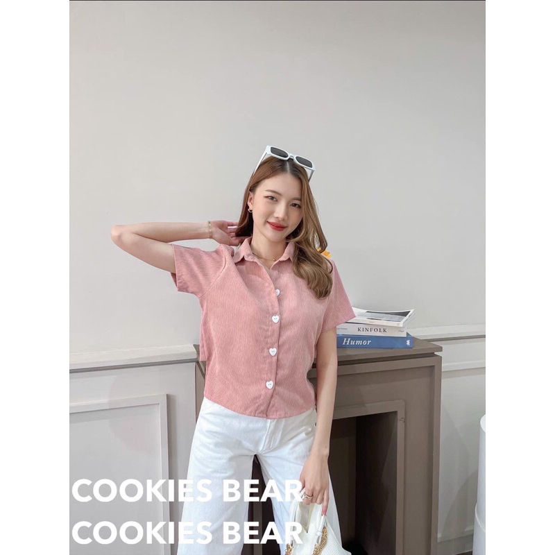 เสื้อ cookies. bear ผ้าลูกฟูก สีชมพู หน้ายาว หลังสั้นผูกเชือก