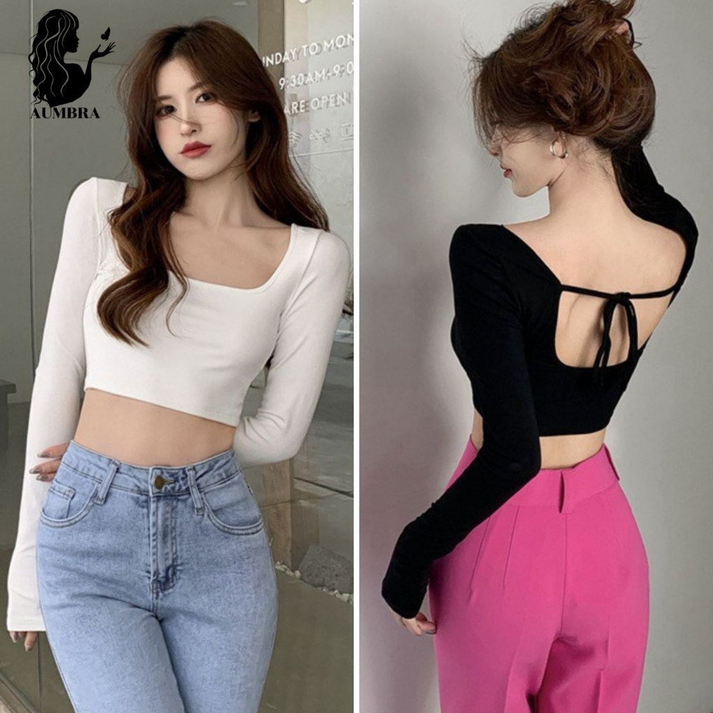 เสื้อครอปแฟชั่น ผูกหลังเซ็กซี่ ใส่สวย โชว์เอว แขนยาว สาวเกาหลีสุดๆ น่ารัก พร้อมส่ง TS1081