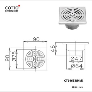 COTTO รุ่น CT646Z1(HM) ตะแกรงสแตนเลสสี่เหลี่ยมกันกลิ่น สำหรับท่อเกลียว1.5" หน้าแปลน 3.5"