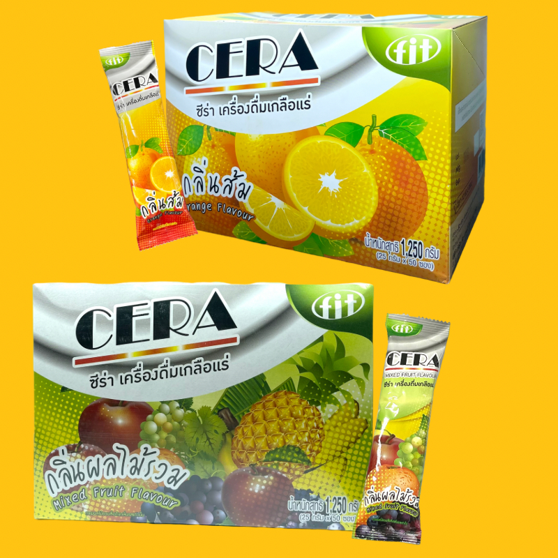 CERA ซีร่า เกลือแร่ ผงชงดื่ม รสผลไม้รวม / รสส้ม ยกกล่อง 50 ซอง สำหรับ นักวิ่ง เสียเหงื่อ ออกกำลังกาย