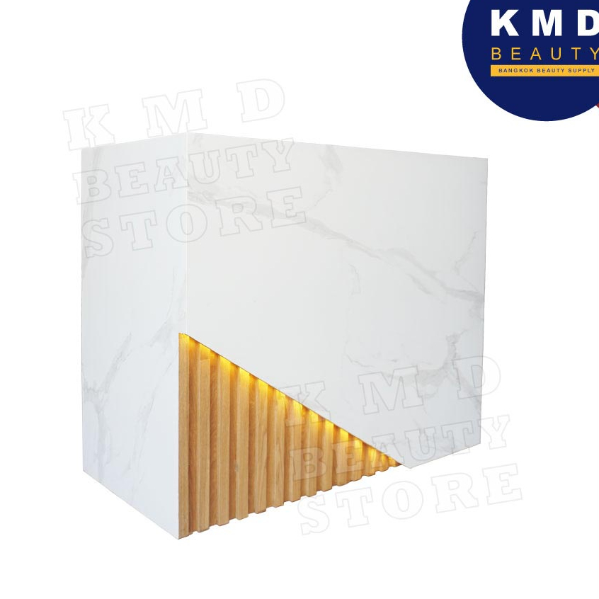 เคาน์เตอร์คิดเงิน สไตล์ minimal สีขาวหินอ่อนตัดดีไซร์ไม้ มีไฟซ่อน LED / Reception Desk ขนาด120 x 60 
