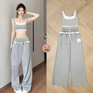 setเสื้อยืดครอปแขนกุดแต่งซ้อน2ชั้น+กางเกงวอร์มขายาวTag::Vora