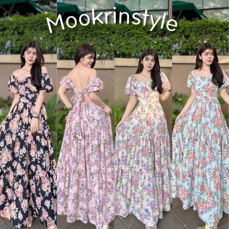 [ Vintage dress ] พร้อมส่ง เดรสยาวตีแขนพองตุ๊กตา พิมพ์ลายดอกไม้ ชุดไปทะเล เดินชายหาด