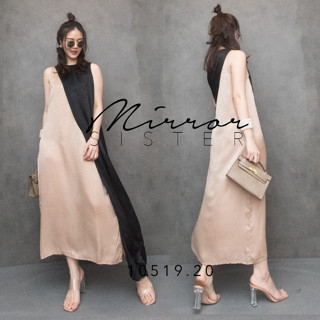 🔖MirrorSister เดรสออกงาน Dhoti Contrast Color Loose Satin Maxi dress เดรส แขนกุด คอกลม ทรง Basic ผ้าซาติน เนื้อดี สี สวย