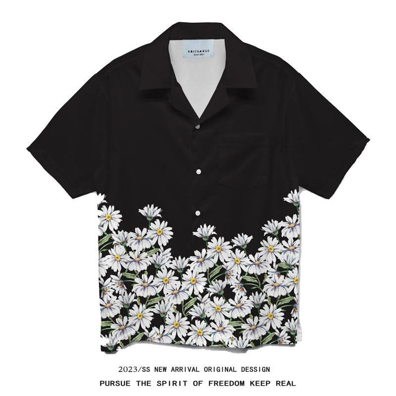 11.WOLF Hawaii Shirt  เสื้อเชิ๊ตแขนสั้นต่อลายดำดอกขาว / H55