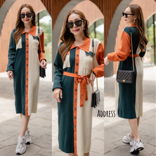 🌈🌿🌺🌸🌼💚🧡🇰🇷 Knit Patch Color Long Sleeve Polo Dress