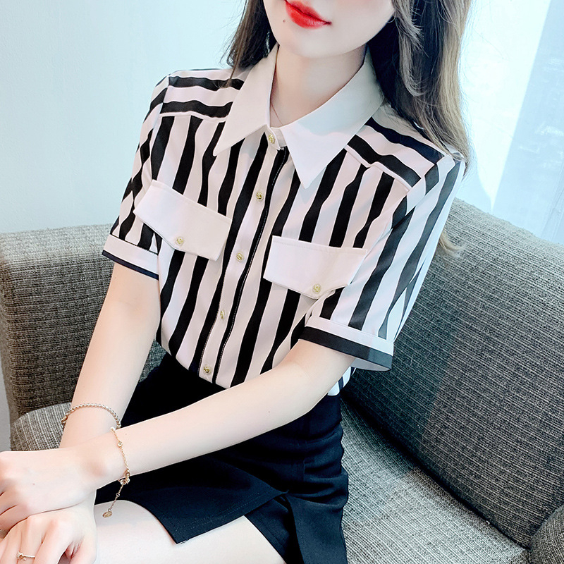 A93 เสื้อเชิ้ตแขนสั้น ลายทาง ผ้าชีฟองเกรดพรีเมี่ยม พร้อมส่ง