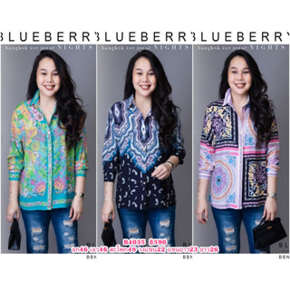 (อก46) B4035 BLUEBERRY NIGHTS เสื้อเชิ้ต แขนยาว ผ้าโพลีเอสเตอร์ผสมชีฟอง พิมพ์ลายทั้งตัวสวยคมชัด ปลายแขนเชิ้ตติดกระดุม