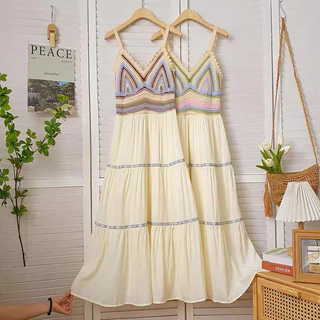Mookrinstyle • เดรสถักอกกระโปรงยาว ชุดไปทะเลสวยๆ มี 3 สี ใส่เดินชายหาด Bohemians dress
