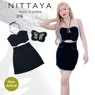 Lalisa999 ราคาถูกที่สุด!! NITTAYA  เชตเสื้อครอปสายผูกเว้าอก+กระโปรงทรงเอ BLACK