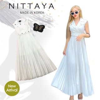 Lalisa999 ราคาถูกที่สุด!! NITTAYA เดรสยาวคอปกกระดุมเงิน ผ้าอัดพลีทยาว WHITE