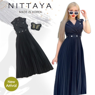 Lalisa999 ราคาถูกที่สุด!! NITTAYA เดรสยาวคอปกกระดุมเงิน ผ้าอัดพลีทยาว BLACK