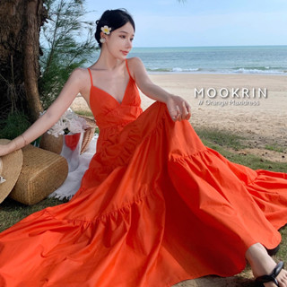 [ Orange dress ] แม็กซี่เดรสสีส้ม สายไขว้หลัง สวยอลัง ใส่ไปทะเลเดินชายหาด Mookrinstyle