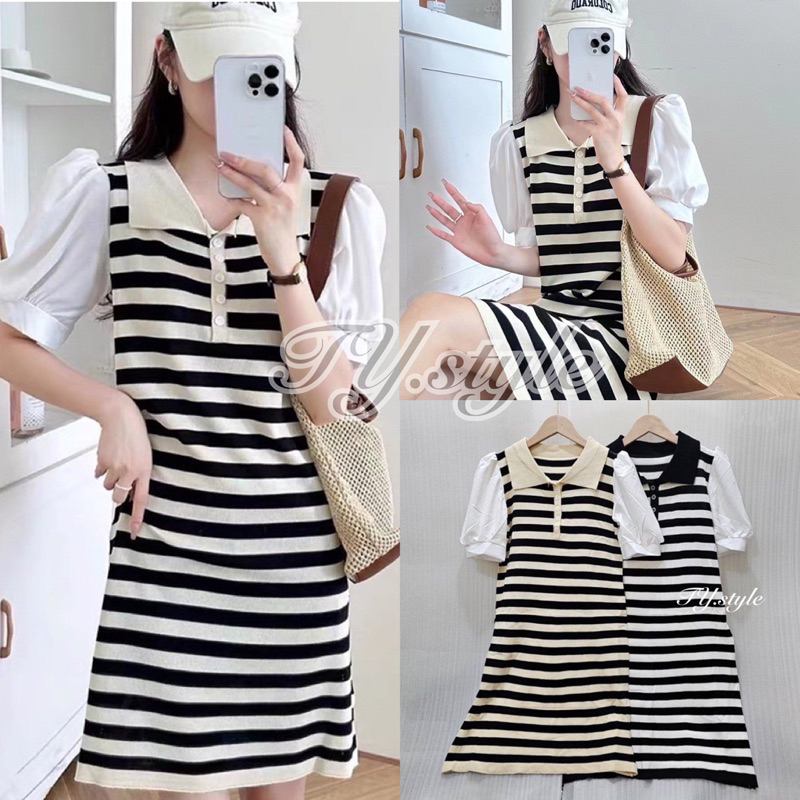 ✔️พร้อมส่ง✔️เดรสไหมพรมคอปก แต่งแขนตุ๊กตา กระดุมอก ทอสีทูโทนลายทาง #MD02