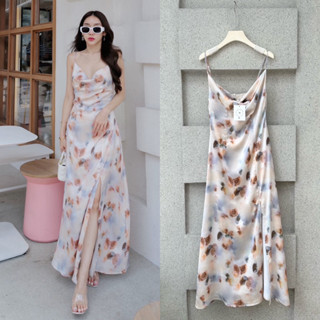 Maxi floral satin dress เดรสสายเดี่ยวแหวกหน้า ผ้าลายดอกสวยหรู By Hi-Look