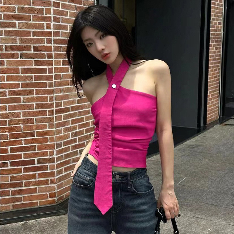 [G4]พร้อมส่งในไทย🖤เสื้อเกาะอกสีชมพู สายคล้องคอ y2k สไต์สายฝอ