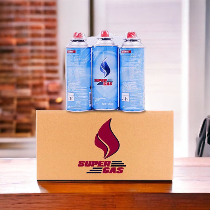 Super GAS แก๊สกระป๋อง จำนวน 1แพ็ค(3กระป๋อง) ความจุก๊าซ 250 กรัม ใช้นานได้ถึง 3 ชั่วโมง