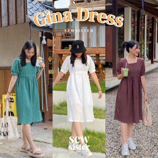 Gina dress เดรสแขนสั้น คอเหลี่ยม สีล้วน 3 สี มีเชือกรูดที่เอว