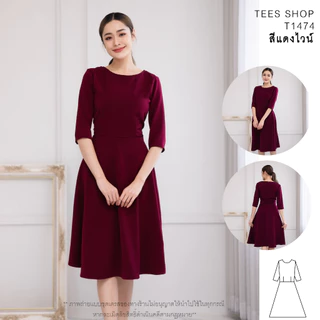 TEESBRAND dressแขนห้าส่วน ชุดทำงาน ทรงบาน เสื้อคอกลม