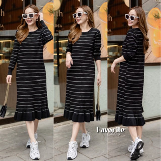 🌈🌿🌸🌼🌺🤎🧡🇰🇷 Knit Stripe Long Sleeve Frill Maxi Dress