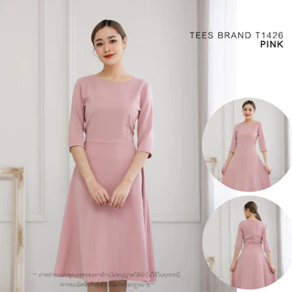 TEESBRAND dressแขนห้าส่วน ชุดทำงาน ทรงบาน เสื้อคอกลม