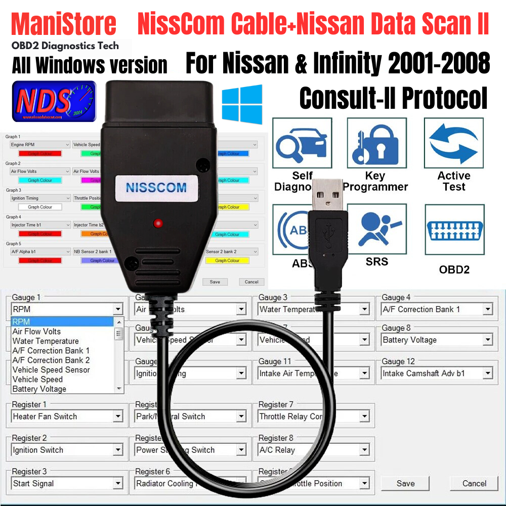 NISSCOM Cable + Nissan Data Scan 2 (NDSII) For Nissan Car 2001- 2008 With Consult II Protocol for Windows