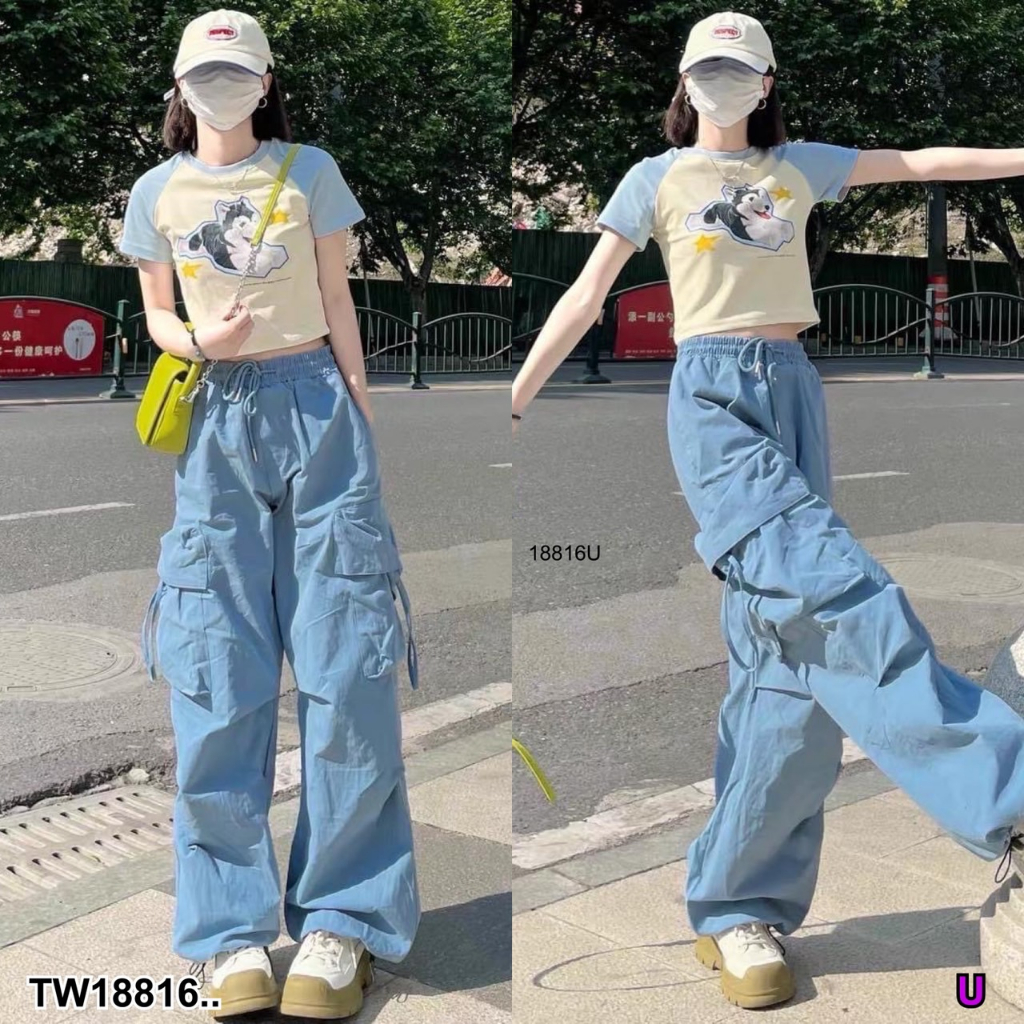 J18816 set 2 ชิ้น เสื้อครอป ลายน้องหมา + กางเกงขายาว set 2 pieces, crop top with dog pattern + trous