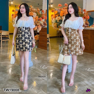 19008 เดรสสั้น ทรงแขนพอง ต่อกระโปรง ซิปหลัง Short dress with puffy sleeves Cut the skirt, zip back.