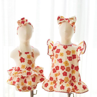 Once Upon A Time Kiddy - ชุดรอมเปอร์ เดรส และที่คาดผมเข้าเซ็ท - Fluffy Romper - Dress - ลายดอกไม้แดงเหลือง