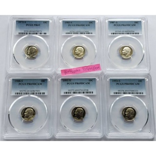 Ten Cents Roosevelt Dime ขัดเงา ปี 1972,82,87,88,91,93 -S จำนวน 6 เหรียญ เกรด PCGS PR69DCAM,PCGS PR69