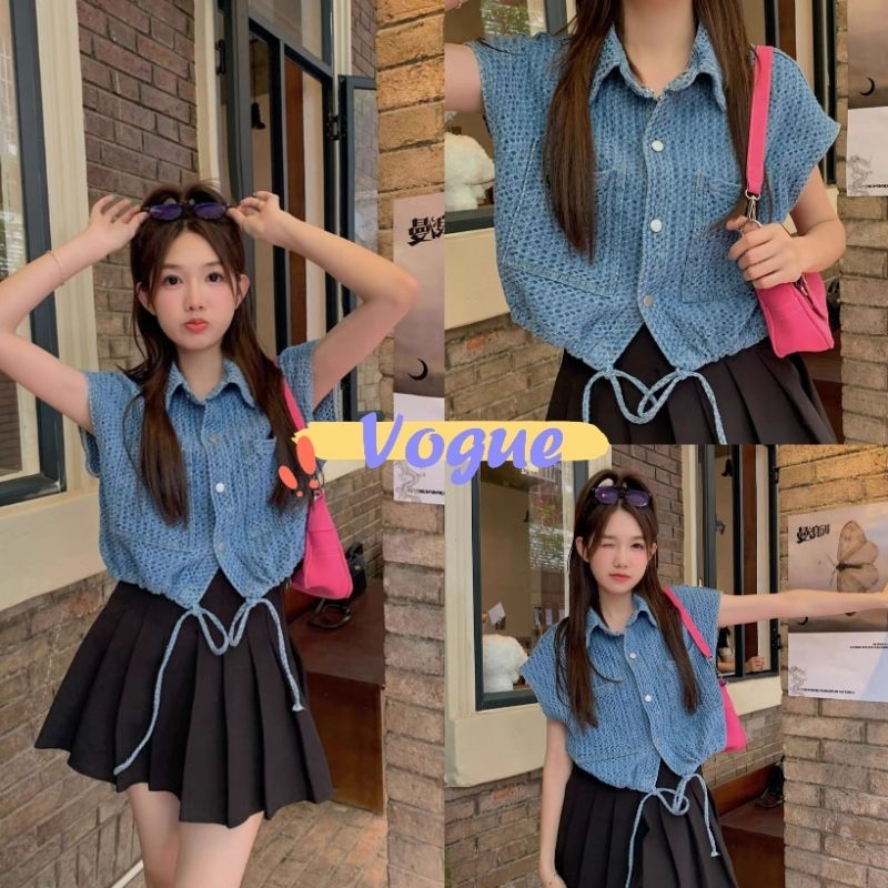 Vogue🌟พร้อมส่ง🌟 เสื้อยีนส์แขนสั้น คอปก กระดุมด้านหน้า เอวรูดได้ (942) -NZ