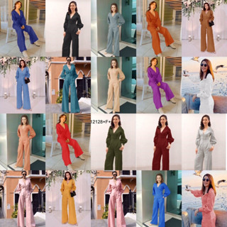 K12128 Jumpsuit คอวี แขนยาวพองปลายแขนจั๊ม แต่งกระดุม งานผ้าซาร่า 22 สี รับประกันสวยมาก