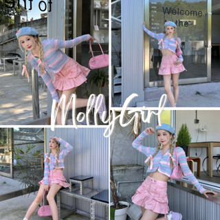 Mollygirl เสื้อแขนยาวไหมพรม ลายทาง มีเชือกคล้องตรงช่วงอก คอลใหม่ 9807#
