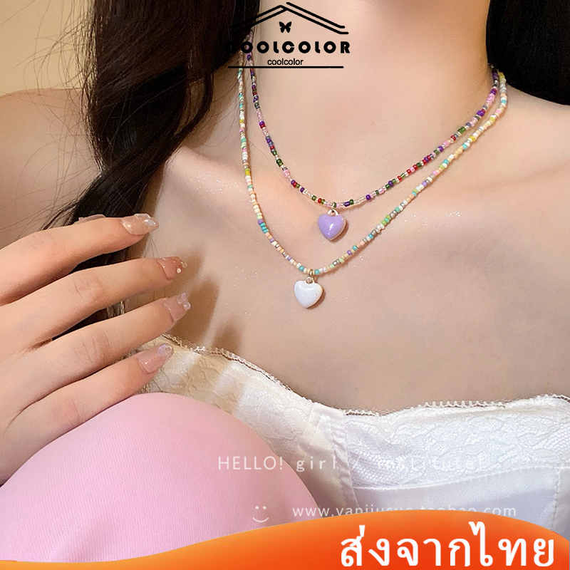 ในไทย❤️สร้อยคอลูกปัดสีชมพูโบฮีเมียหวานที่มีสีสันลูกปัด 3Dหัวใจ จี้สร้อยคอ สําหรับผู้หญิง เกาหลีCOD