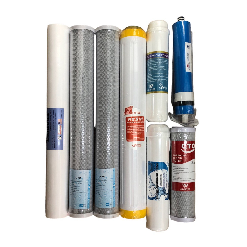 ชุดไส้กรองตู้น้ำ 8 ขั้นตอน (PP20"5M + CTO20" 2 แท่ง + RS20"+ RO 150G + Post carbon 12" +Post PP 12" 