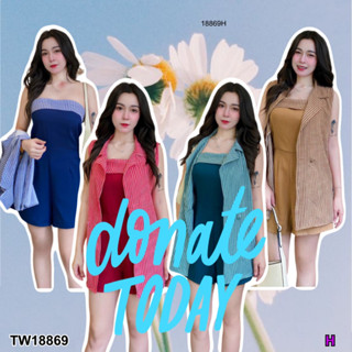 TwinsShopVip💗พร้อมส่ง TW18869 Set 2 ชิ้น เสื้อปกสูทแขนกุด ลายสก็อต + จั้มสูทเกาะอกขาสั้น