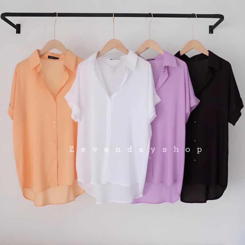 เชิ้ตแขนสั้นทรงไหล่ล้ำแขนเบิ้ลผ้าสปัน(มี 2 ขนาด อก40“และอก44”) มีสีดำ