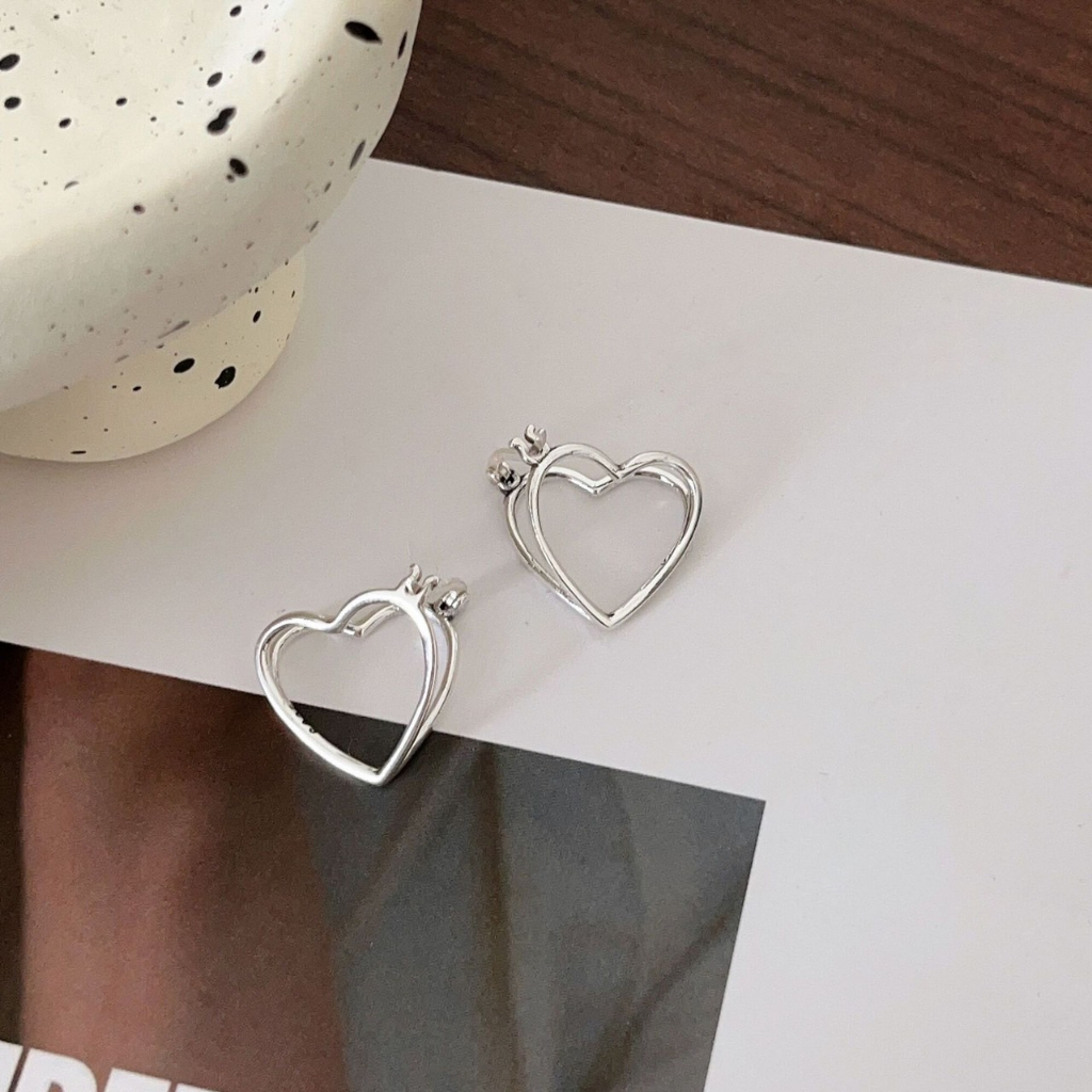 257-goodgift_station - Hollow love  earrings S925 silver ต่างหูแบบเจาะ รูปทรงหัวใจแบบสามมิติ  ก้านเง