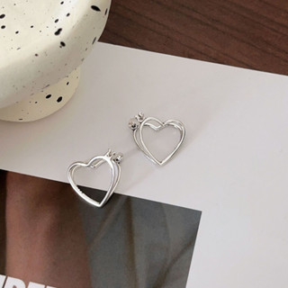 257-goodgift_station - Hollow love  earrings S925 silver ต่างหูแบบเจาะ รูปทรงหัวใจแบบสามมิติ  ก้านเงิน 92.5