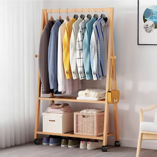 ราวแขวนเสื้อผ้า ทำด้วยไม้ ที่แขวนเสื้อผ้า มีล้อ พร้อมชั้นวาง ชั้นวางผ้า Coat Rack Impressmall