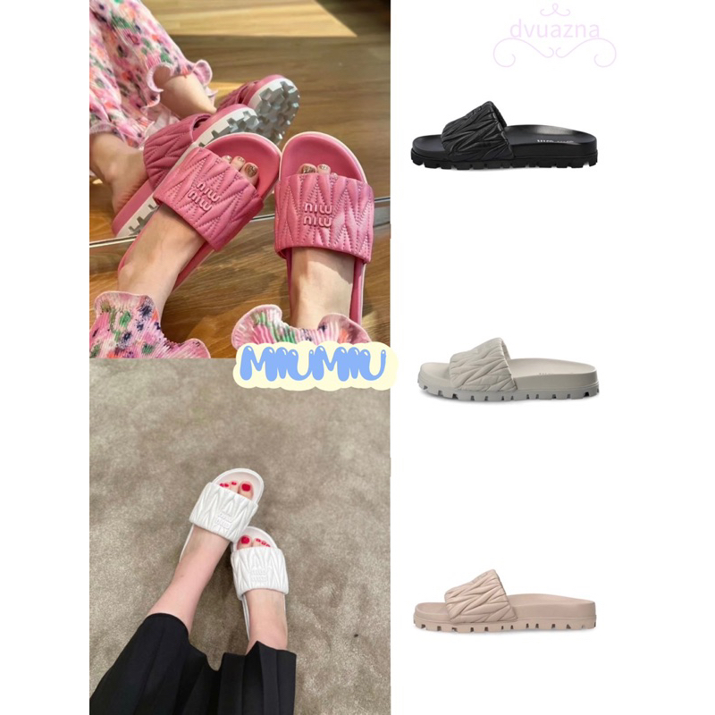 แบรนด์ใหม่ 100% ของแท้ MIUMIU จีบหนังแฟชั่นรองเท้าแตะ