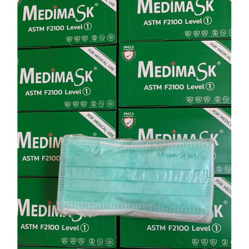 Medimask LV1 VFE กันไวรัส!! หน้ากากอนามัยสีเขียว เกรดการแพทย์ Medimask ASTM สีเขียว กล่องละ50ชิ้น