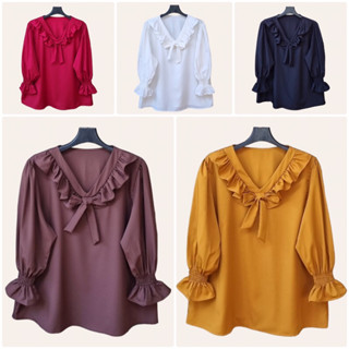 เสื้อคอวี เเขนยาว เเต่งระบาย สีพื้น ผ้าไหมอิตาลี ไม่ต้องรีด อก 50”