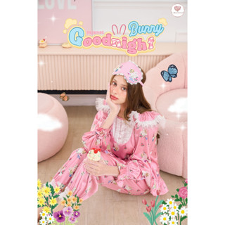 Goodnight Bunny Pajamas ชุดนอนผู้ใหญ่เสื้อ+กางเกงขายาวพิมพ์ลาย ผ้าไหมซาตินสำหรับทำชุดนอน ใส่ได้นาน ไม่ร้อน ผ้าไม่คัน