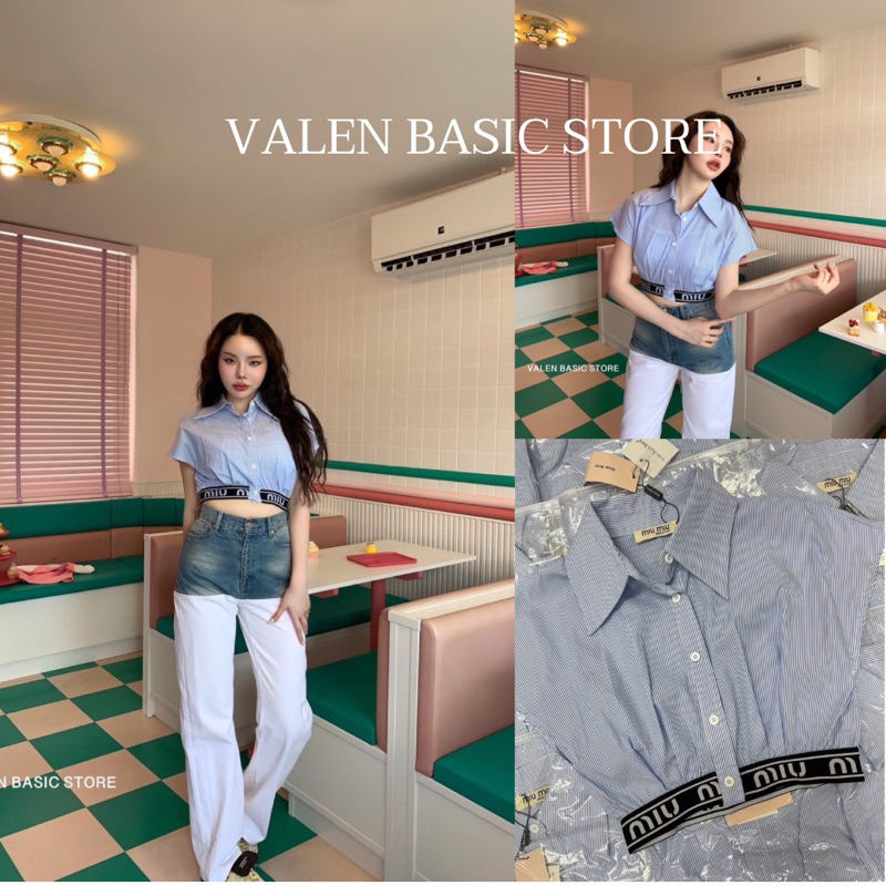 ส่งแมส MM stripe crop shirt เสื้อเชิ้ตทรงครอปสุดฮิต ดีเทลขอบเอวต่อแผ่นยางยืดทอลายแบรนด์ดัง