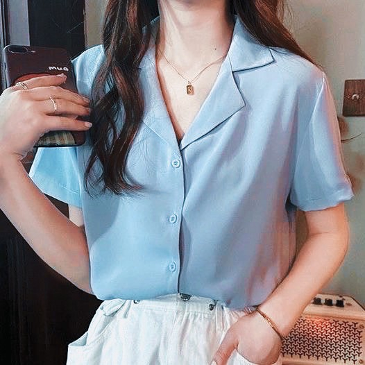 เสื้อเชิ้ตแขนสั้นสีฟ้า bp สไตล์ KOREA ผ้าดีใส่สบายไม่ร้อน M-6XL ชายหญิงใส่ได้