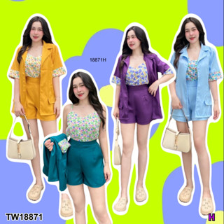 TW18871 Set 3 ชิ้น เสื้อปกสูทแขนศอก + สายเดียวลายดอกไม้ + กางเกงขาสั้น