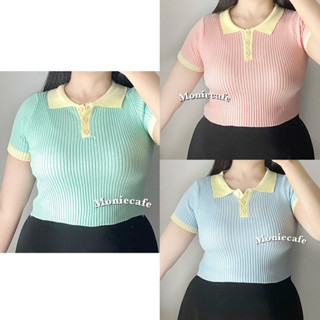 เสื้อครอปคอปก ทูโทน สีพาสเทล มีกระดุม สาวอวบใส่ได้