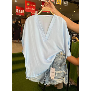 เสื้อเชิ้ตคอวีแขนสั้น Primark V-Neck Short Sleeve Blouse เข้าใหม่ ปลายแขนพับ